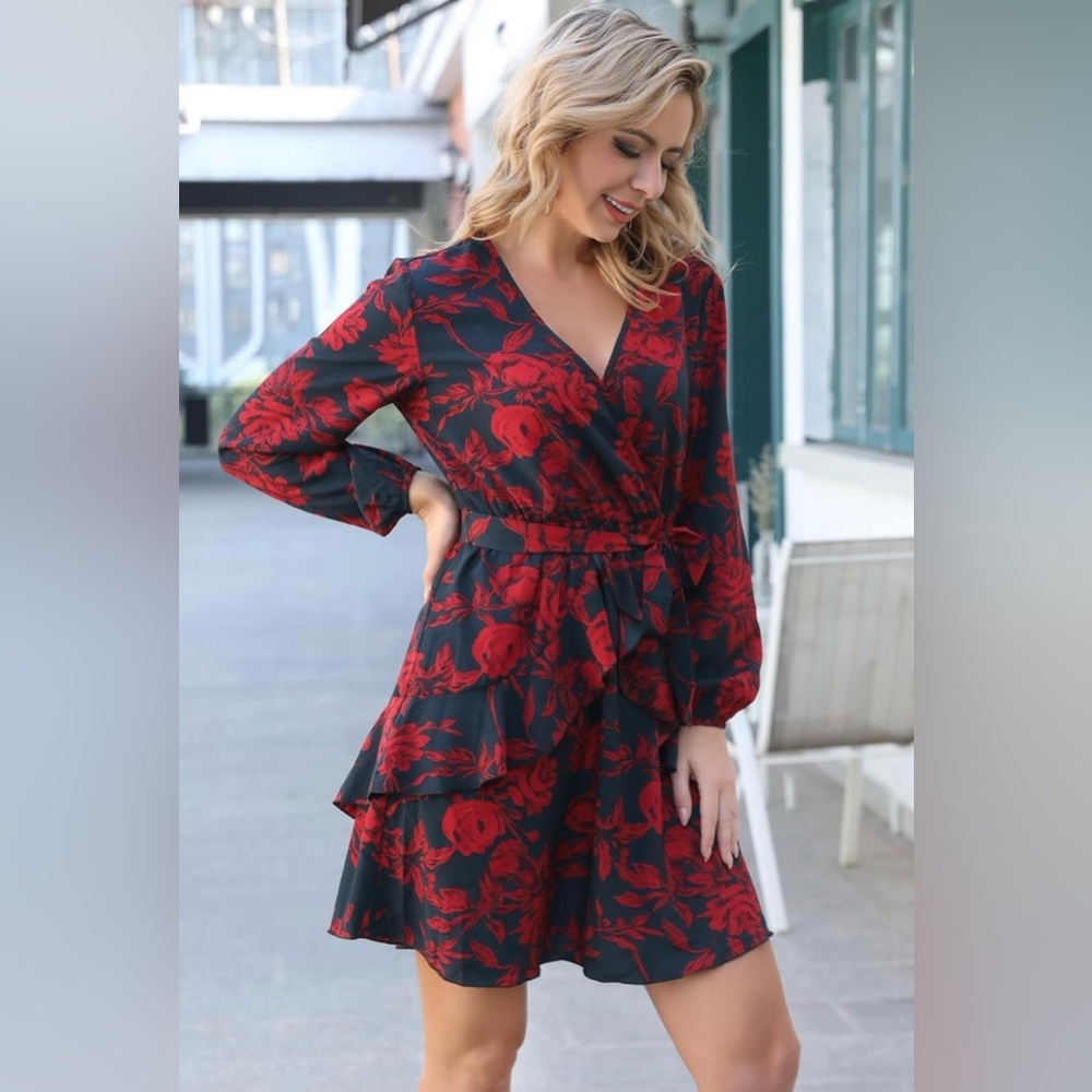 Uguest Red Charcoal Floral Dress Small V Neck Long Sleeve Ruffle Belted Mini